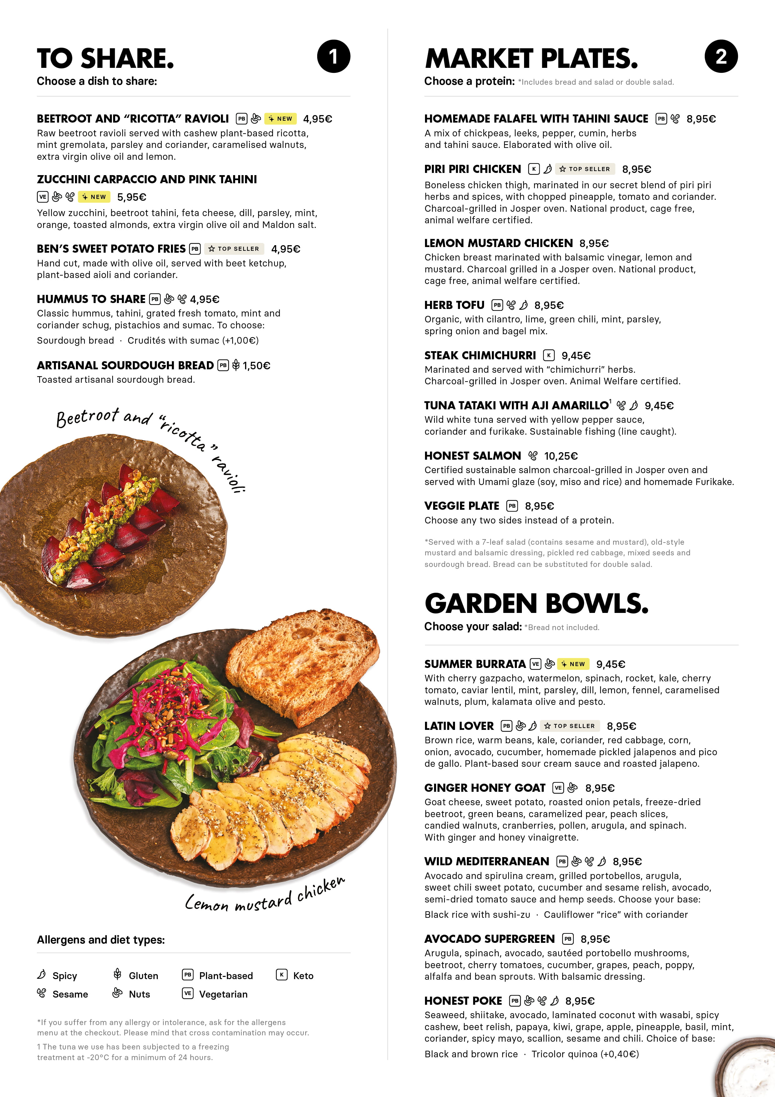 Menu : healthy options to share, market plates, and garden bowls